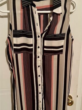 cleo Sleeveless Vertical Stripe Button-Down Top in Blush, Black & Cream